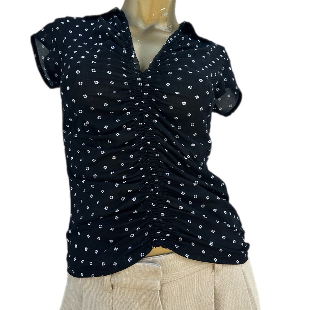 Y2K Nine West V-Neck Ruched Front Dot Print Cap Sleeve Sheer Top M Black White